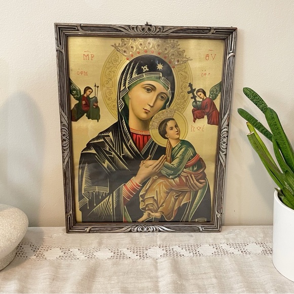 Vintage AntiqueReligious Icon – Virgin Mary & Child FramedWall Art